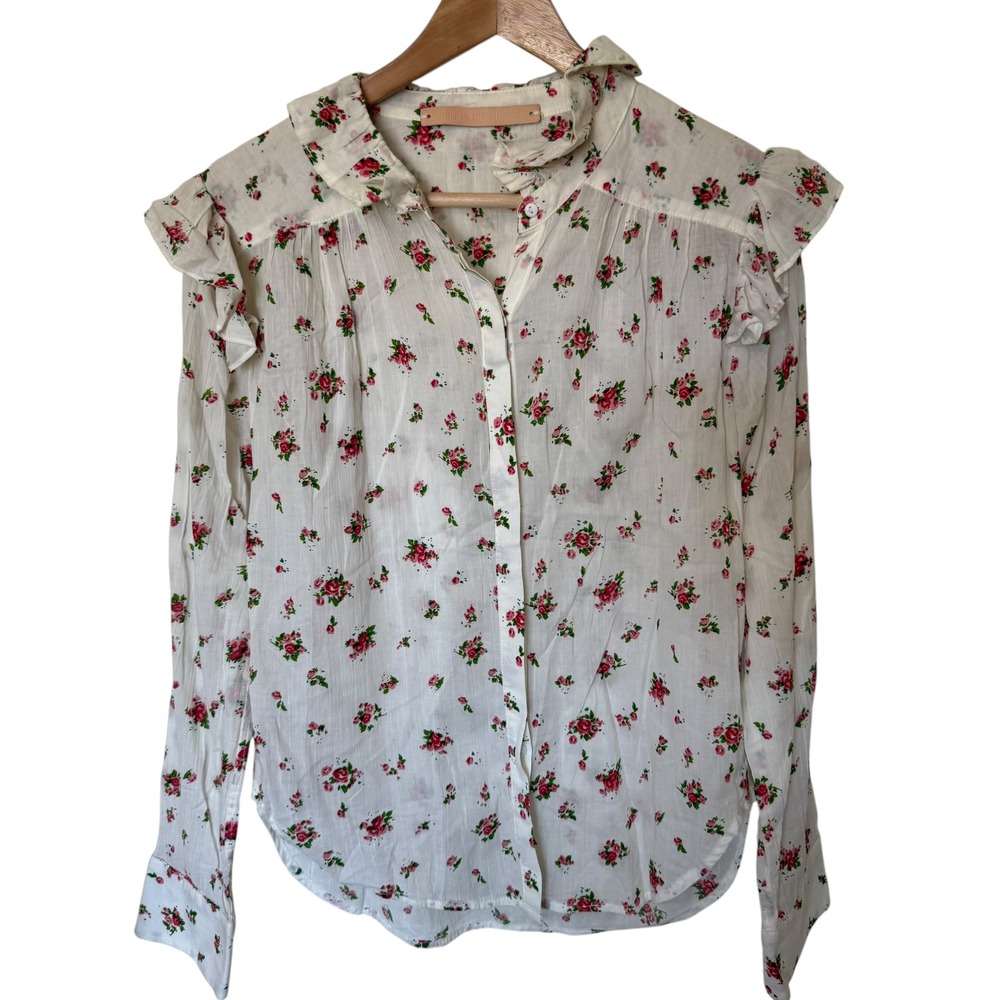 Bliss and Mischief Floral Ruffle Blouse Womens M White Red Rose Excellent USA